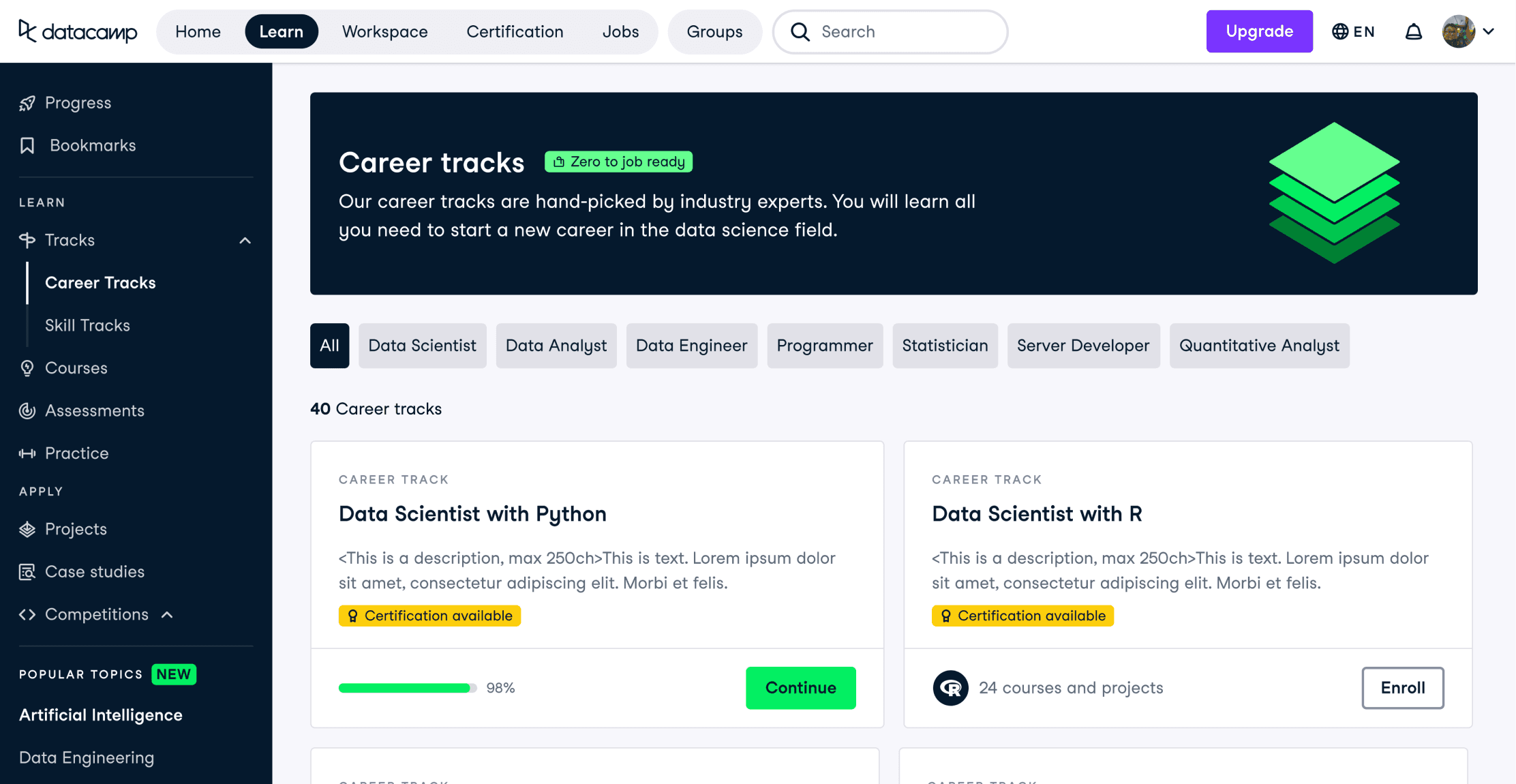 First prototype of a career track catalog page