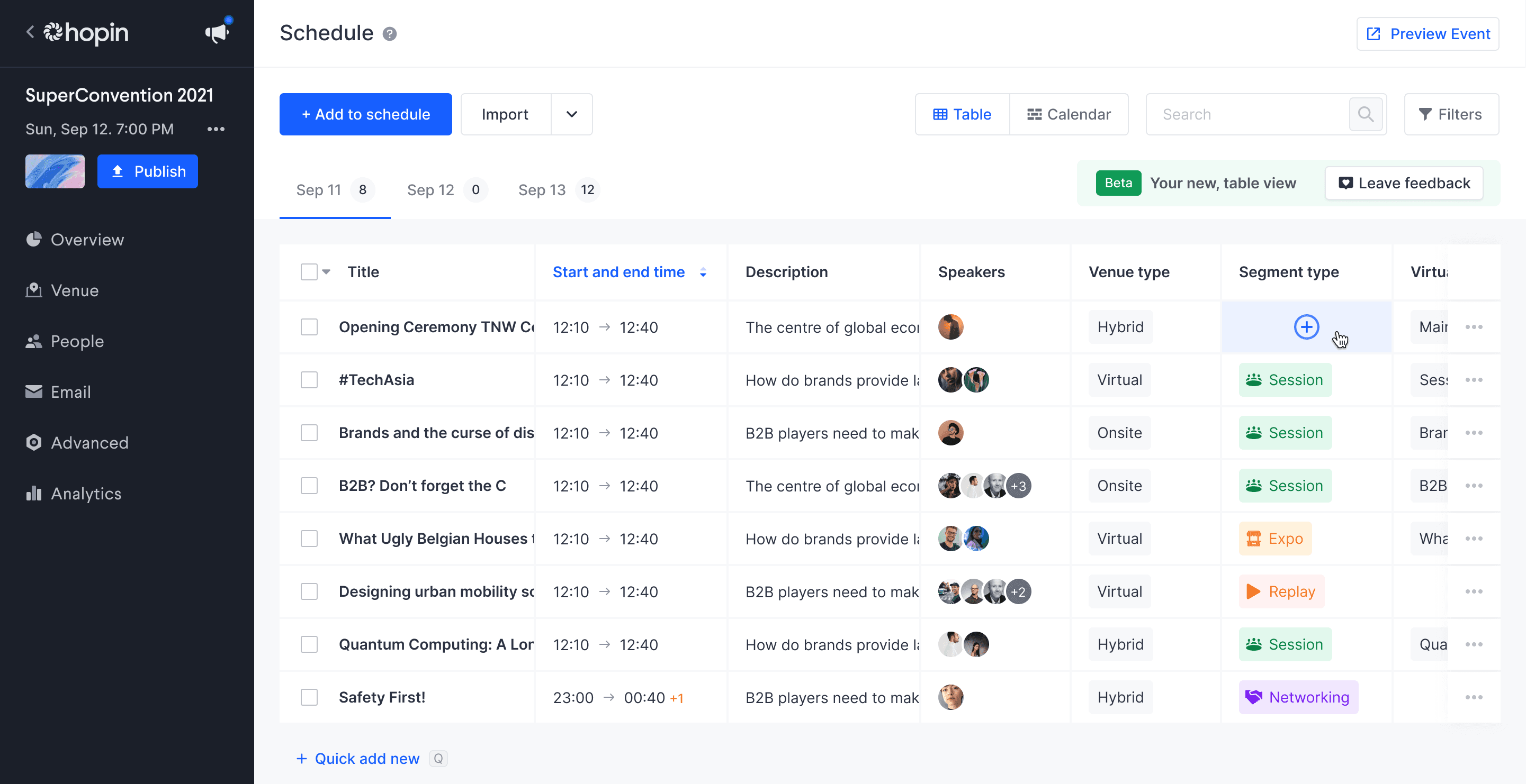 New table view for event schedule management