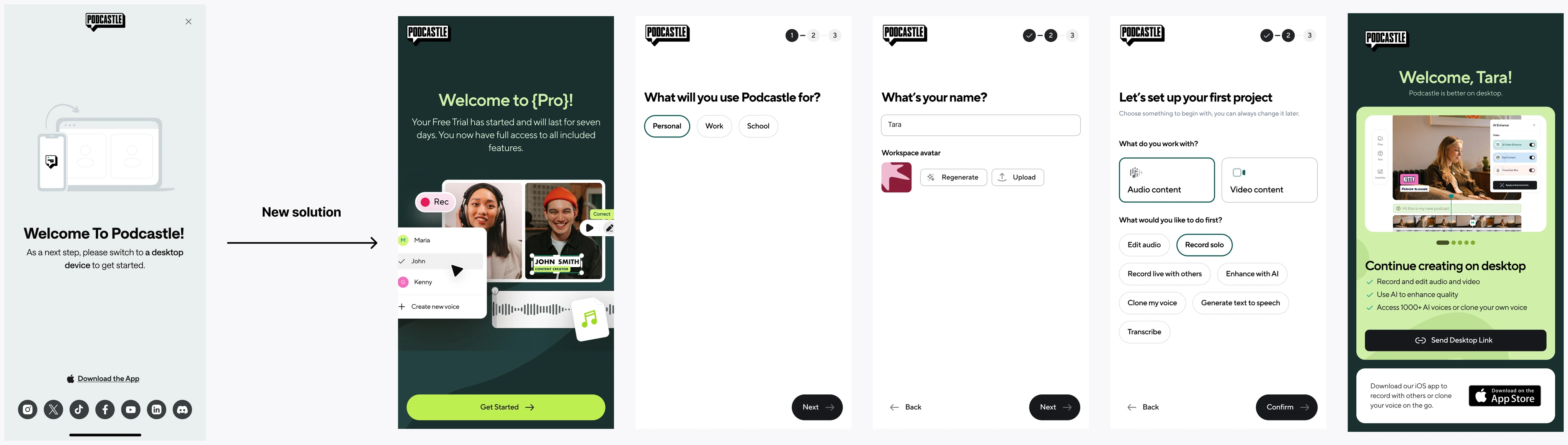 Mobile onboarding screens nudging users to iOS or desktop