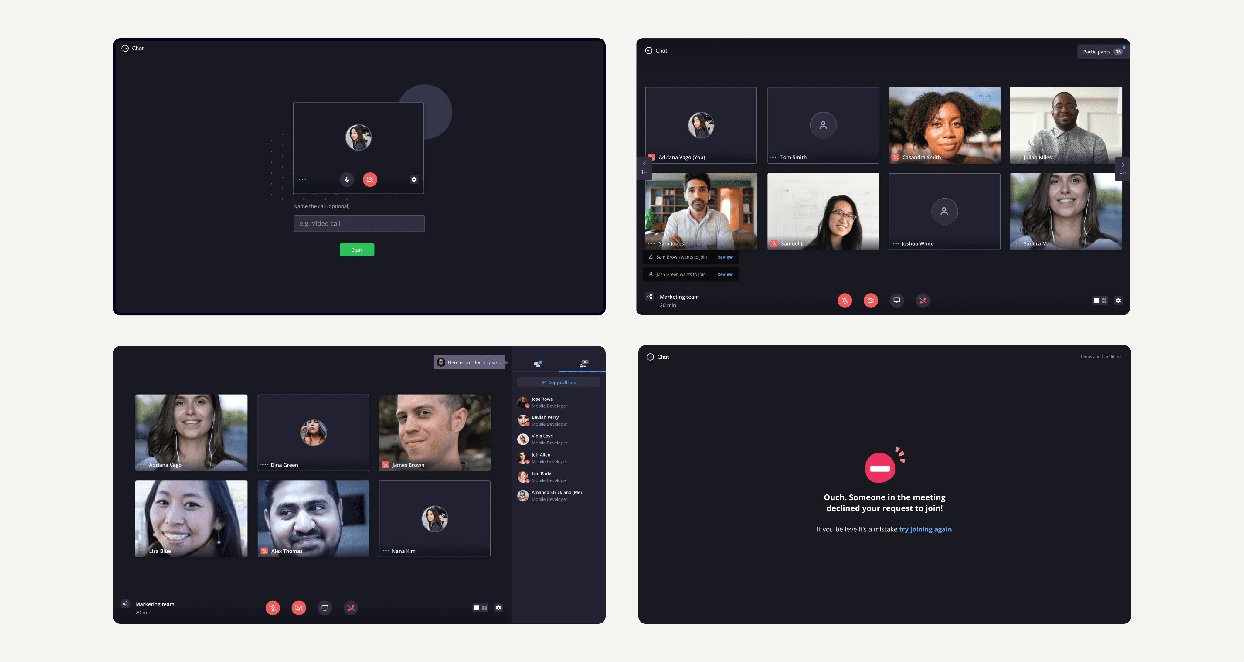 Teamwork video call application screens
